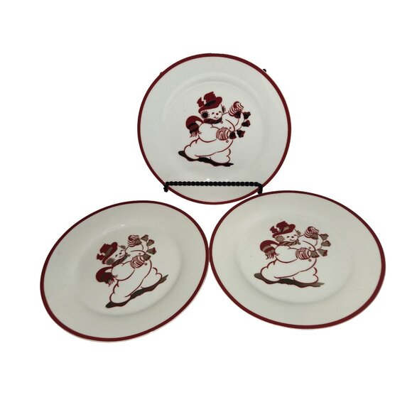 Set Of 3 Vintage Snowman Dessert Plates Red & White Christmas Design 8" - Picture 1 of 6